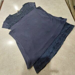 ADIVA Women's Navy Floral Stretch Cap Sleeves 2-Tier Top w/Lace Accent - Medium